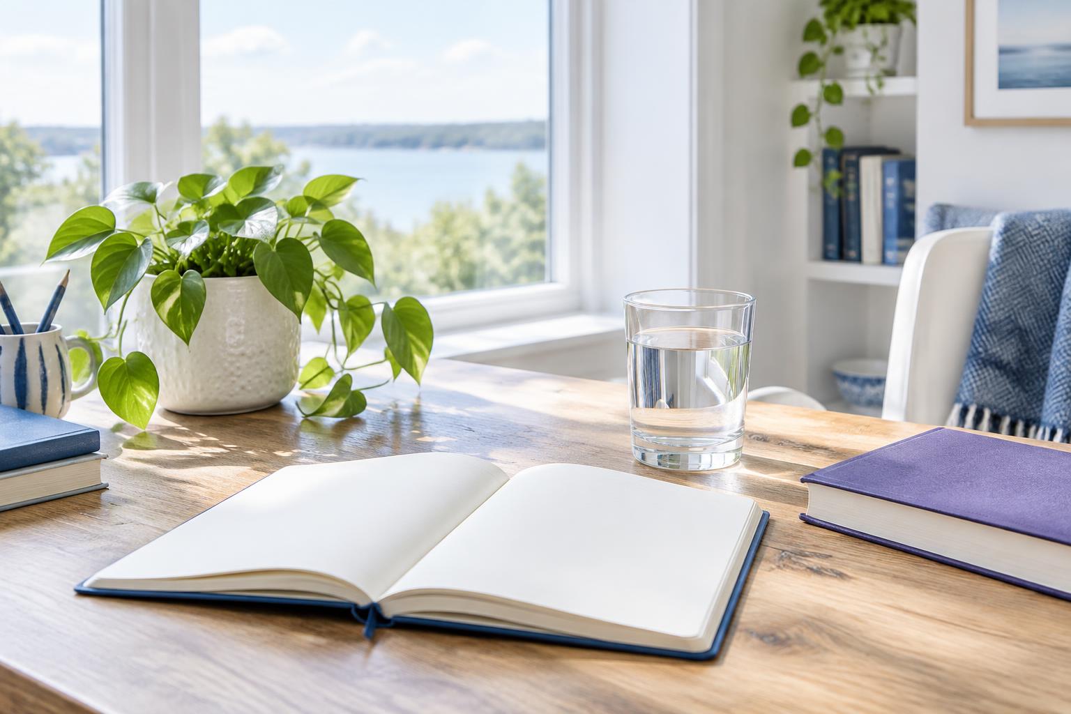 An open notebook and glass of water on a sunlit table